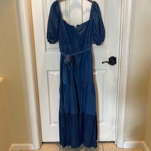 New York & Company Denim colorblock square neck maxi dress. Size Large